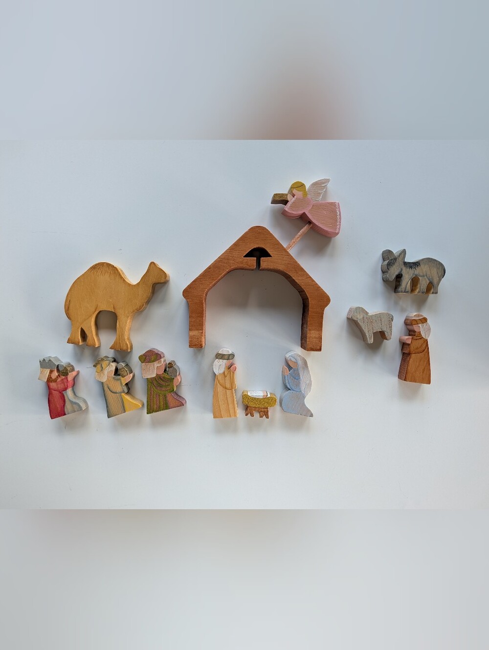 Vintage Wooden Christmas Nativity Scene Country Cottage Pastel